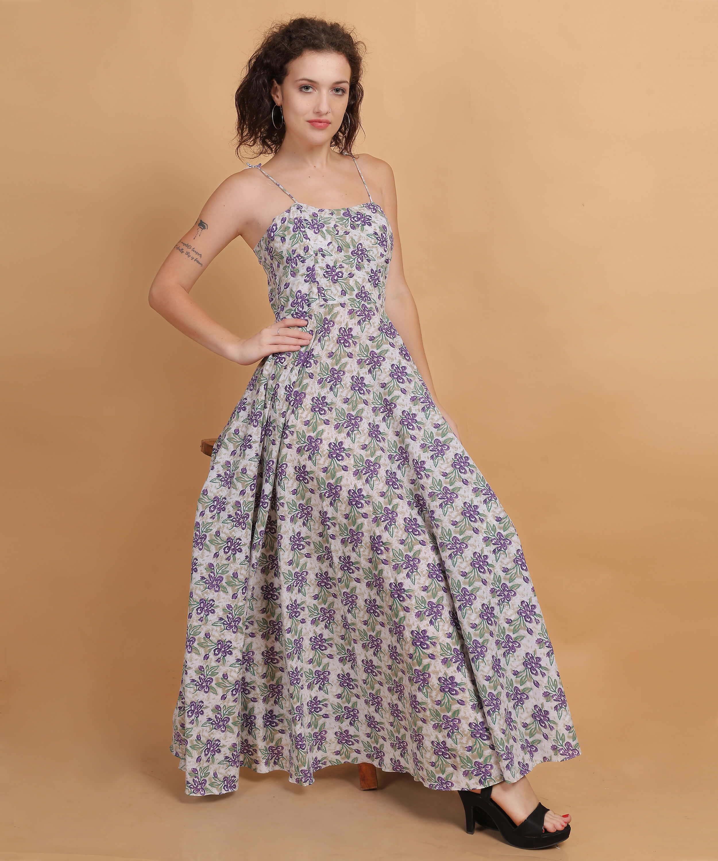 White & Lavender Floral Spaghetti Strap Maxi Dress