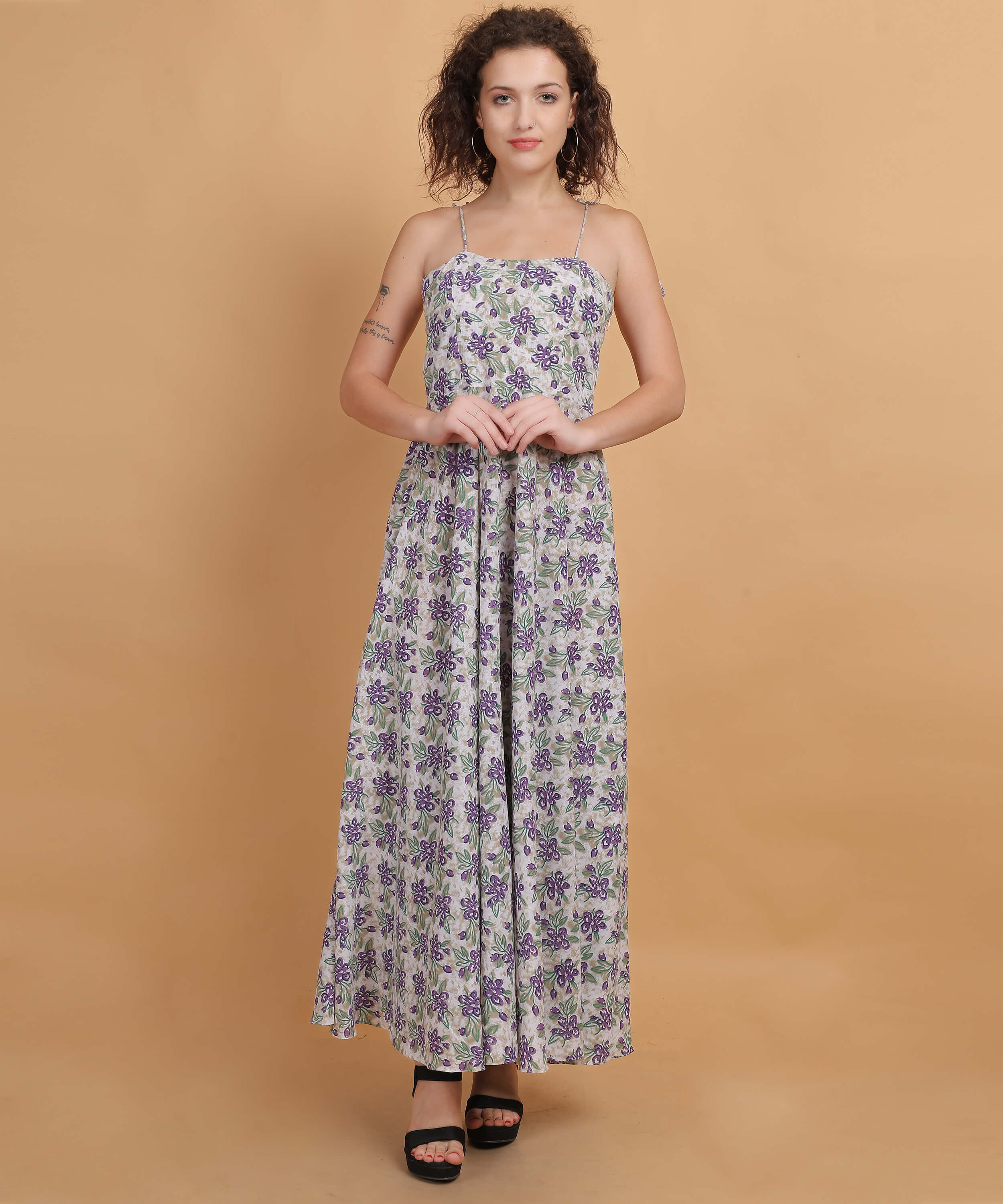 White & Lavender Floral Spaghetti Strap Maxi Dress