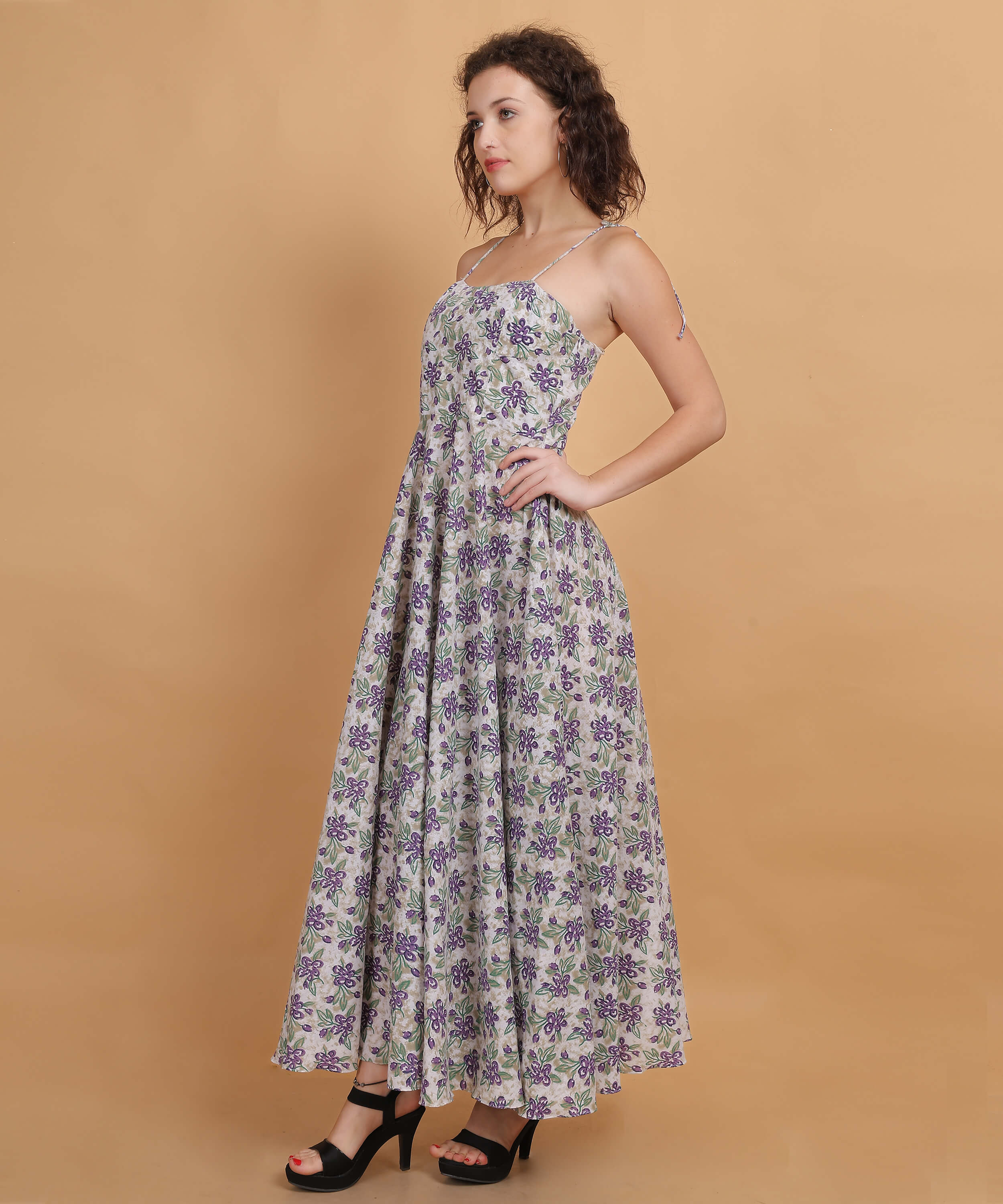 White & Lavender Floral Spaghetti Strap Maxi Dress