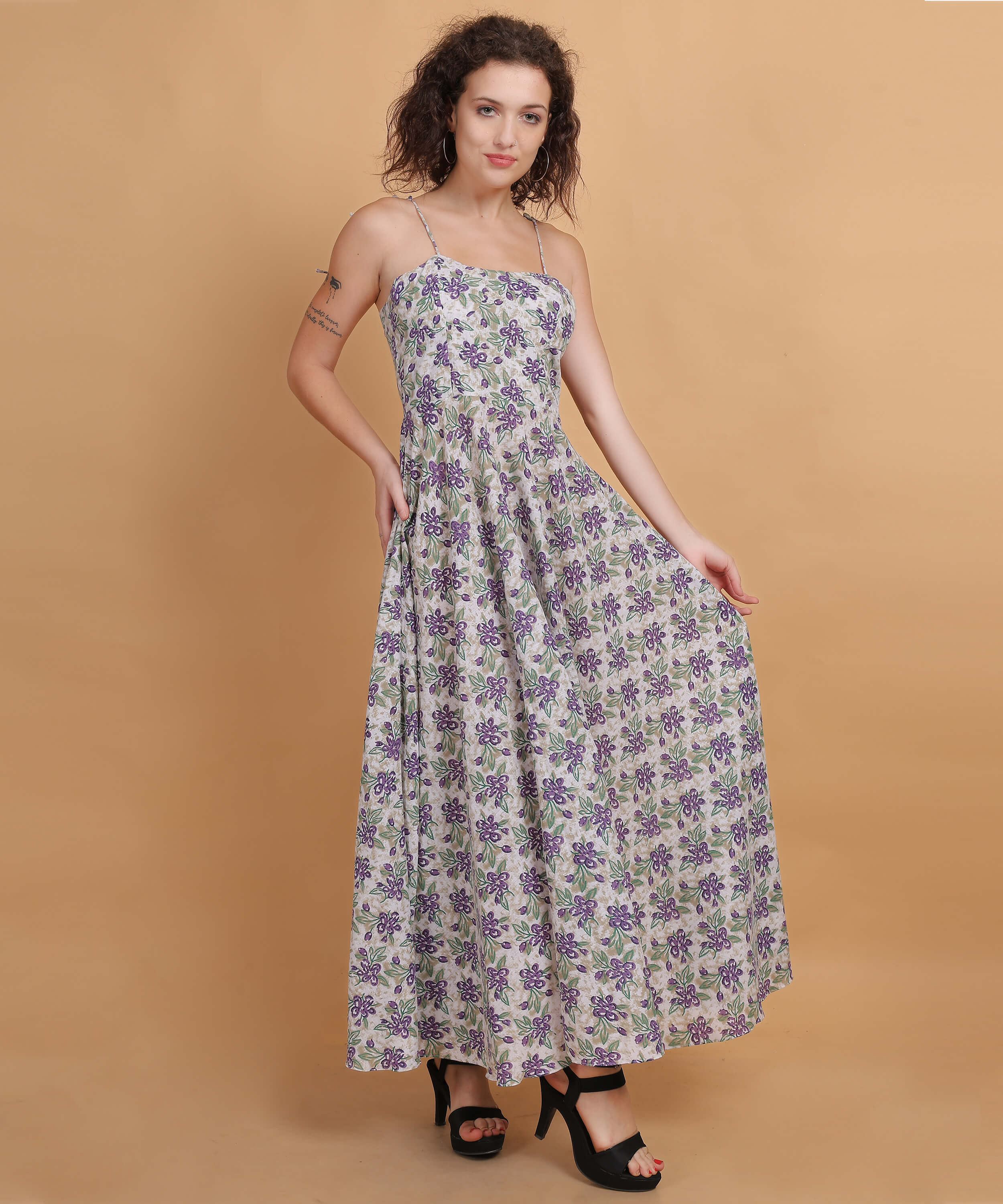 White & Lavender Floral Spaghetti Strap Maxi Dress